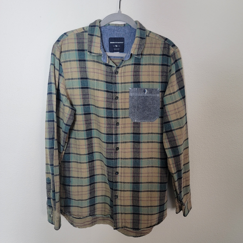 Men's Plaid Shirt - Green and Tan